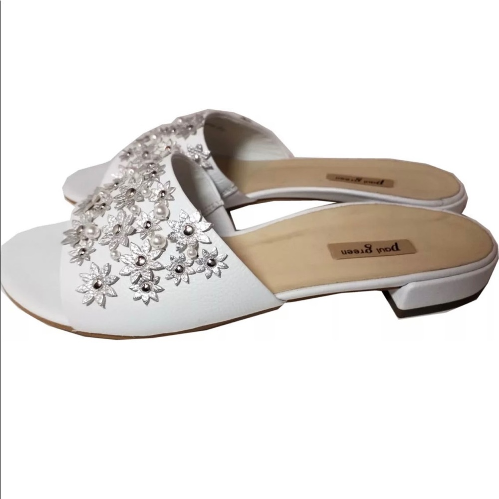 Paul Green Sandals White Leather Pearls Flip Flop